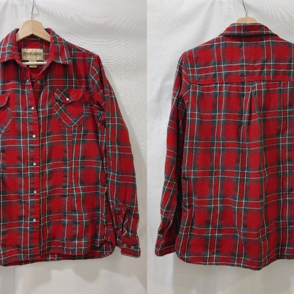 Outdoor Casuals Snap Button Long‎ Sleeve Red Gray Plaid Cotton Flannel Large L